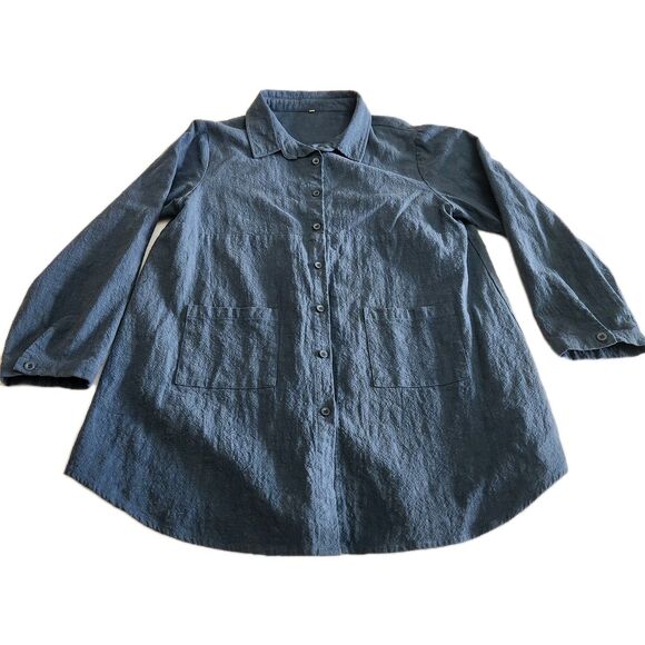 Minibee 100% Linen Lagenlook Coastal Beach Button Up Front Pockets Women SZ L - Picture 7 of 16